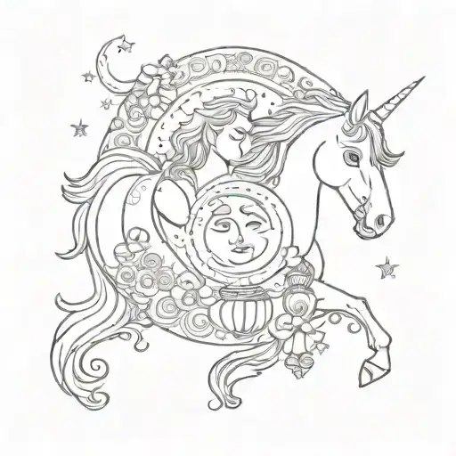 a crescent moon with mono nesting dolls and a unicorn   tattoo design idea