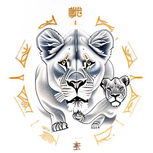 lioness with her cub and zodiac signs around tattoo design idea