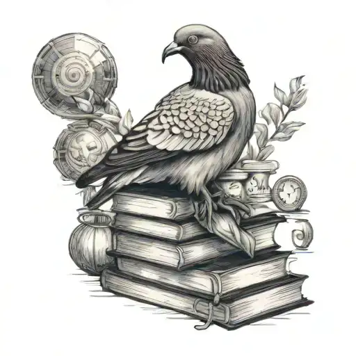 An intricate black and grey tattoo of a majestic pigeon perched on a stack of books, with a subtle hip-hop music theme incorporated in the background tattoo design idea