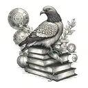 An intricate black and grey tattoo of a majestic pigeon perched on a stack of books, with a subtle hip-hop music theme incorporated in the background tattoo design idea