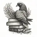 An intricate black and grey tattoo of a majestic pigeon perched on a stack of books, with a subtle hip-hop music theme incorporated in the background tattoo design idea