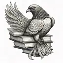 An intricate black and grey tattoo of a majestic pigeon perched on a stack of books, with a subtle hip-hop music theme incorporated in the background tattoo design idea