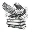 An intricate black and grey tattoo of a majestic pigeon perched on a stack of books, with a subtle hip-hop music theme incorporated in the background tattoo design idea