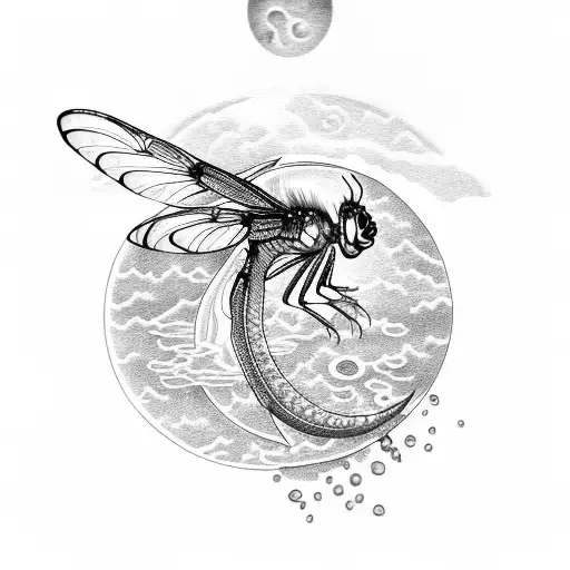 dragon fly with moon and lotus flower tattoo design idea