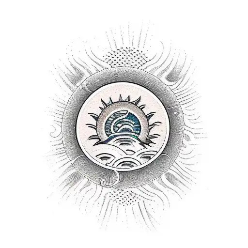 A new-school style tattoo of a sunset over a beach with surf fishing poles in the sand tattoo design idea