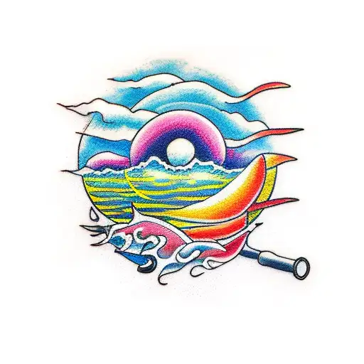 A new-school style tattoo of a sunset over a beach with Fishing Poles and Striper Fish Hooked on Line Jumping out Water tattoo design idea