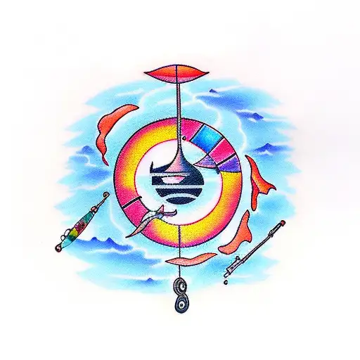 A new-school style tattoo of a sunset over a beach with Fishing Poles and Striper Fish Hooked on Line Jumoing out of he  tattoo design idea