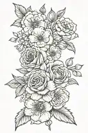 Carnation, violet, cherry blossom, rose, water lily, larkspur, poppy, snowdrop, marigold, cherry blossom, holly tattoo design idea
