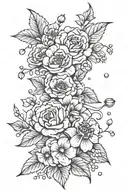 Carnation, violet, cherry blossom, rose, water lily, larkspur, poppy, snowdrop, marigold, cherry blossom, holly tattoo design idea