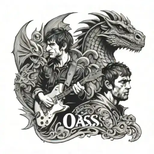 A portrait of the band Oasis with a twist of fantasy elements like dragons and castles tattoo design idea