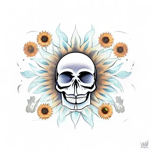 sunflower, skull, and moon tattoo design idea