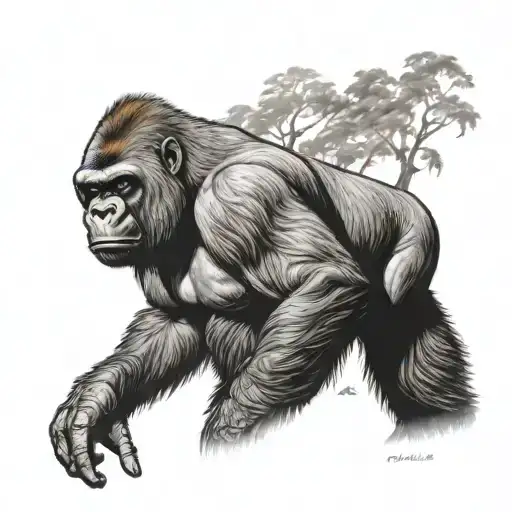 growling silverback Gorilla with baby gorilla, trees burning in the background tattoo design idea