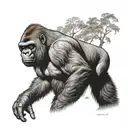 growling silverback Gorilla with baby gorilla, trees burning in the background tattoo design idea