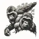 growling silverback Gorilla with baby gorilla, trees burning in the background tattoo design idea