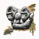 growling silverback Gorilla with baby gorilla, trees burning in the background tattoo design idea