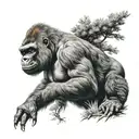 growling silverback Gorilla with baby gorilla, trees burning in the background tattoo design idea