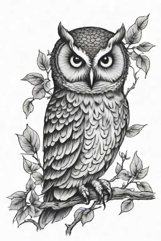 Owl on branch tattoo design idea