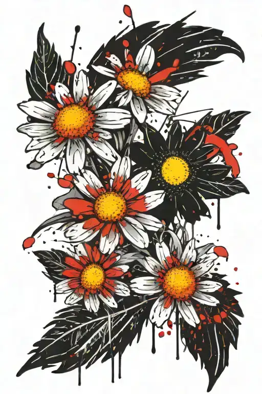 Chamomile with nails instead of petals falling tattoo design idea