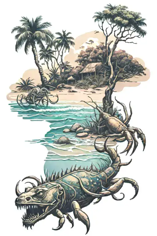 ocean with crabs on a beach a huntress hunts a lion in the forest tattoo design idea