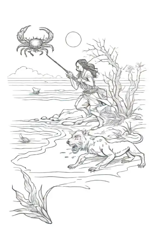 ocean with crabs on a beach a huntress hunts a lion in the forest tattoo design idea