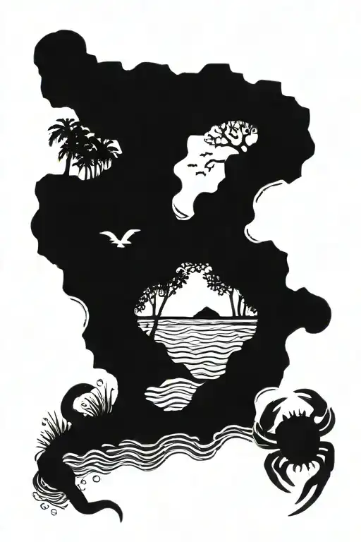 ocean waves with crabs coming out and along a beach past a huntress point a bow into the jungle tattoo design idea