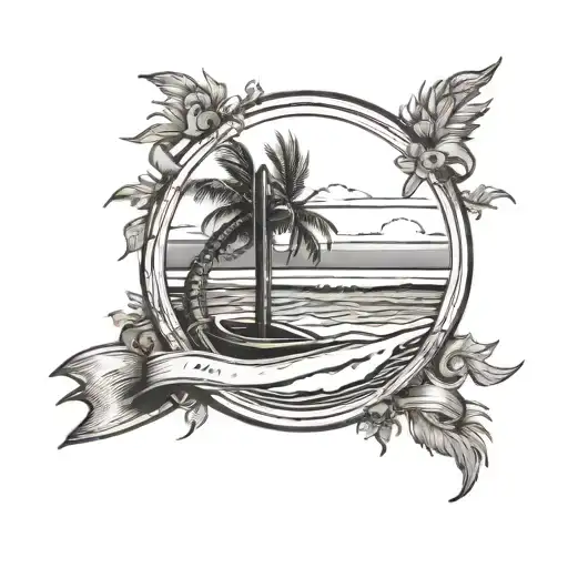 PLAGE AVEC UNE PETITE PLANCHE DE SURF AUTOUR D'UN ROND. AU DESSUS IL Y A UNE CROIX CHRETIENNE ET DES AILES D'ANGE tattoo design idea