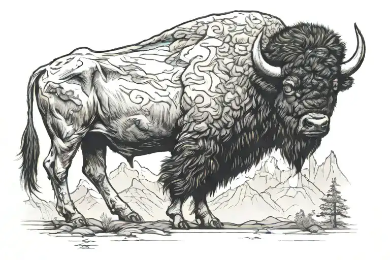 I need a buffalo with a prosthetic front left leg with mountains in the background and Tennessee Tristar behind the moun tattoo design idea