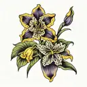 violet, iris, daffodil flowers tattoo design idea