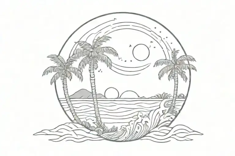 as few lines and details as possible waves of palm trees on the left side, moon on the right side, sun and an inscriptio tattoo design idea