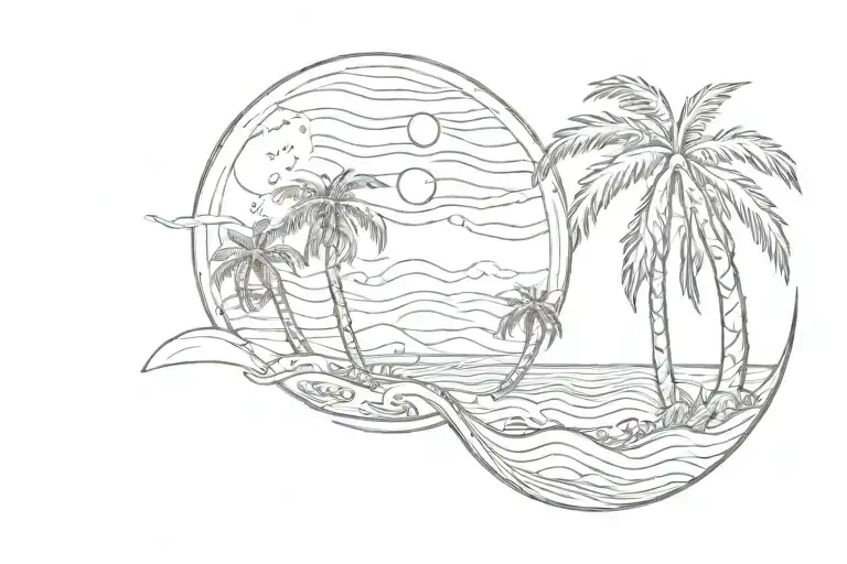 waves of palm trees on the left side, moon on the right side, sun and an inscription AMAR  in the middle and on the side tattoo design idea