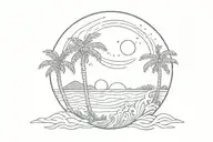 as few lines and details as possible waves of palm trees on the left side, moon on the right side, sun and an inscriptio tattoo design idea