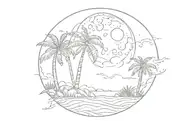 as few lines and details as possible waves of palm trees on the left side, moon on the right side, sun and an inscriptio tattoo design idea