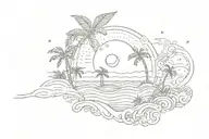 waves of palm trees on the left side, moon on the right side, sun and an inscription AMAR  in the middle and on the side tattoo design idea