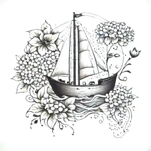 A whimsical tattoo featuring a boat sailing through a sea of hydrangea flowers and musical notes, inspired by the client's favorite things tattoo design idea
