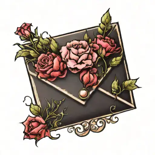 envelope with garnet and pink carnations tattoo design idea