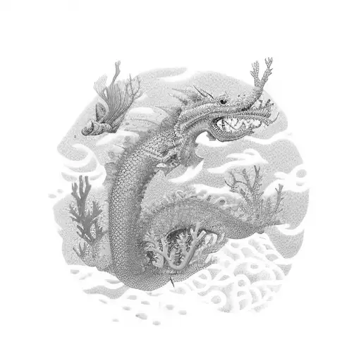 An intricate underwater scene with a dragon swimming among colorful coral reefs tattoo design idea
