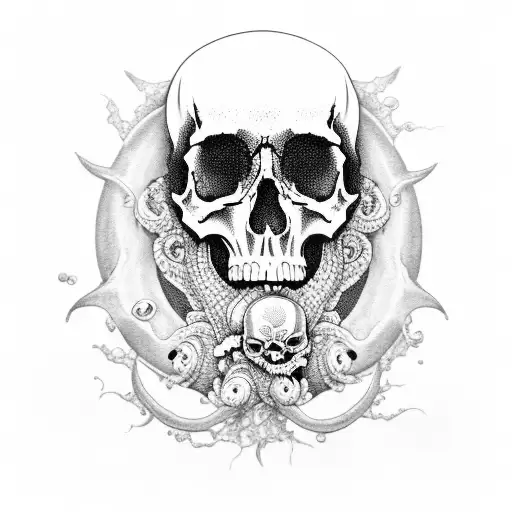 A skull adorned with ocean waves and surrounded by sea creatures tattoo design idea