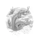 An intricate underwater scene with a dragon swimming among colorful coral reefs tattoo design idea