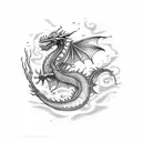 An intricate underwater scene with a dragon swimming among colorful coral reefs tattoo design idea