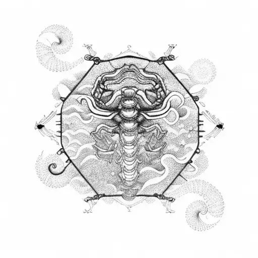 A detailed Scorpio constellation with intricate Japanese wave patterns tattoo design idea