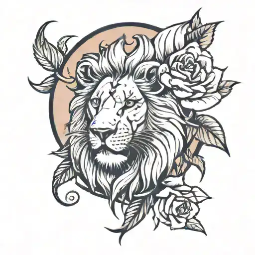 a lion the moon a rose and a lily flower tattoo design idea