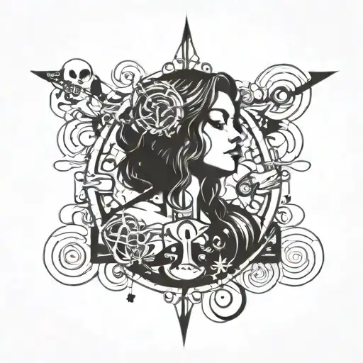 A tattoo design featuring a female figure with a large presence, surrounded by 90s music symbols and elements tattoo design idea