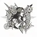 A tattoo design featuring a female figure with a large presence, surrounded by 90s music symbols and elements tattoo design idea