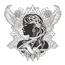 A tattoo design featuring a female figure with a large presence, surrounded by 90s music symbols and elements tattoo design idea