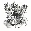 A tattoo design featuring a female figure with a large presence, surrounded by 90s music symbols and elements tattoo design idea