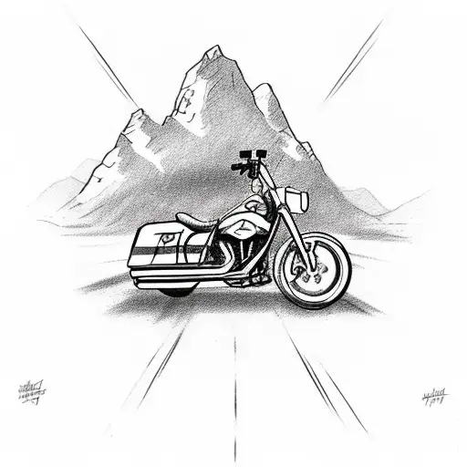 A sketch style tattoo of a Harley motorcycle traveling through the scenic roads of Nova Scotia, capturing the sense of freedom and adventure tattoo design idea