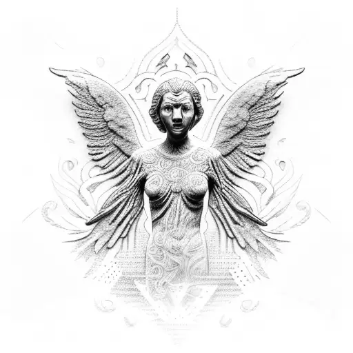 A dotwork tattoo of a Weeping Angel with intricate patterns and details, representing the client's fascination with this mysterious and haunting figure tattoo design idea