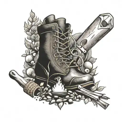 A dotwork tattoo of a campfire surrounded by hiking boots, cooking utensils, rugby balls, and woodworking tools, representing all your passions and hobbies in one intricate design. tattoo design idea