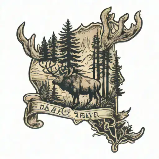 Forest Maine themed tattoo featuring trees, bear, and moose tattoo design idea