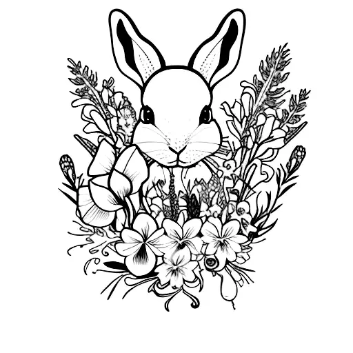 delicate and feminine tattoo of a rabbit surrounded by irises, lavendar, and april flowers, a butterfly and hummingbird tattoo design idea